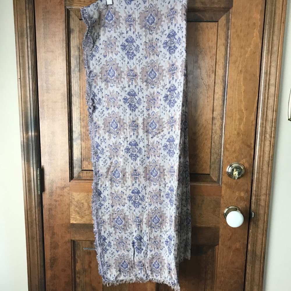 Beige w/Blue & Tan Geometrics Scarf/Wrap w/Fringed Edges 74" x 28"
